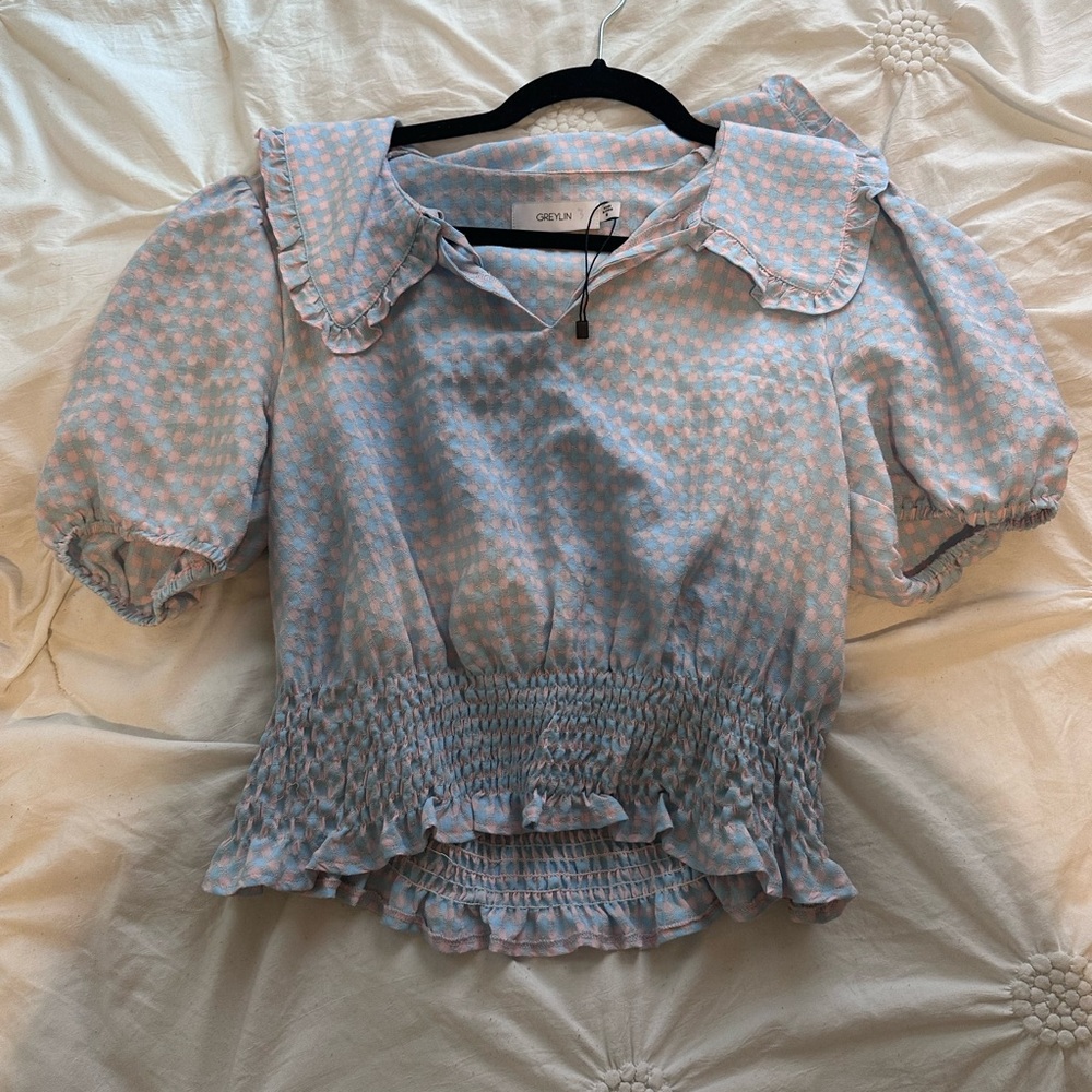 Pink and Blue Plaid Collared Greylin Blouse